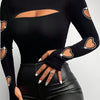 Heart Pattern Mock Neck T-Shirt, Elegant Long Sleeve Cut Out Slim Top for Spring & Fall, Women's Clothing