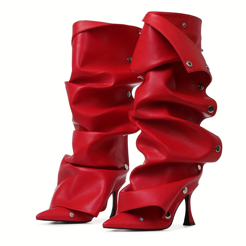 Women's Sexy Metallic Ruched Slouchy Knee-High Boots with Pointed Toe & Detachable Design - Stiletto Heel, Zipper, PU Cover & Rubber Sole for Dates, Casual Outings, High Heel Boots