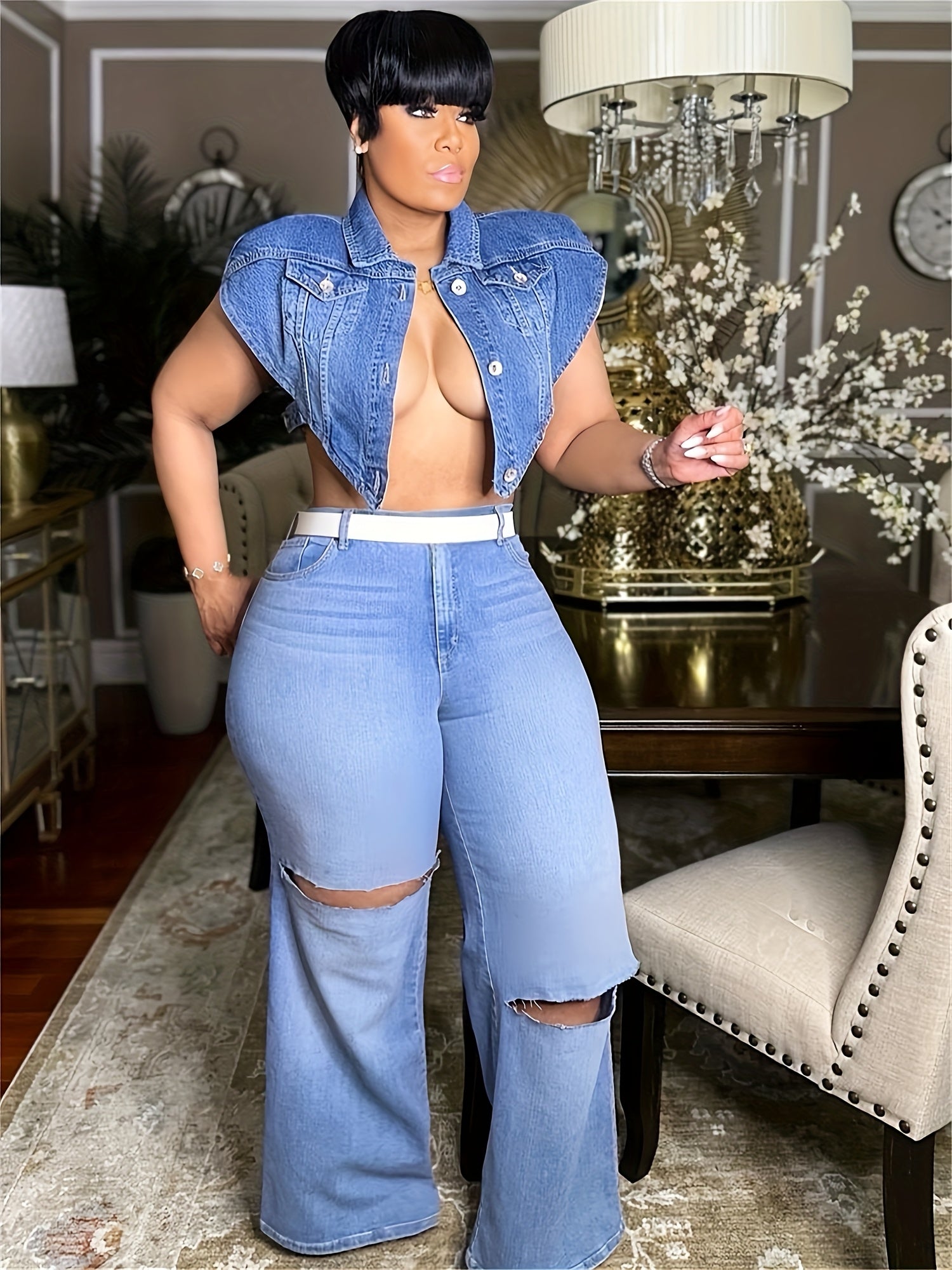 Women's Chic Cropped Denim Vest - Single-Breasted, Irregular Lapel, Washed Blue Jean Jacket for Spring/Summer, Casual Sleeveless Denim Top with Unique Retro Flair, Party Accessory | Trendy Casualwear | Classic Button Closure