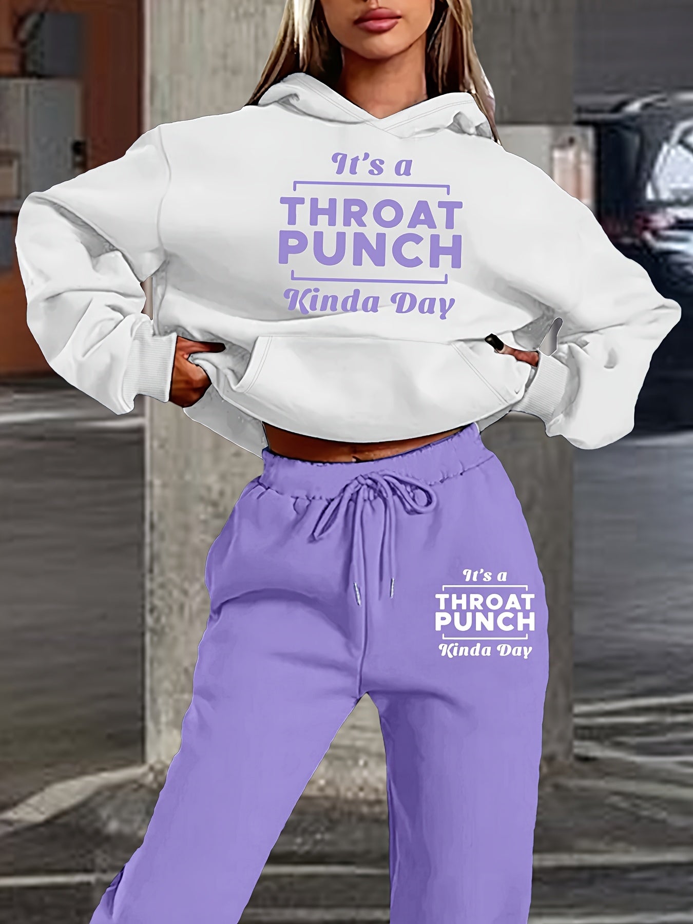 Women's Fashionable Athletic Two-Piece Set: White Hoodie with "THROAT PUNCH" Print & Blue Joggers with Drawstring - Casual, Trendy Streetwear, Polyester, Relaxed Fit Clothing|Playful Graphic Print|Glossy Fabric