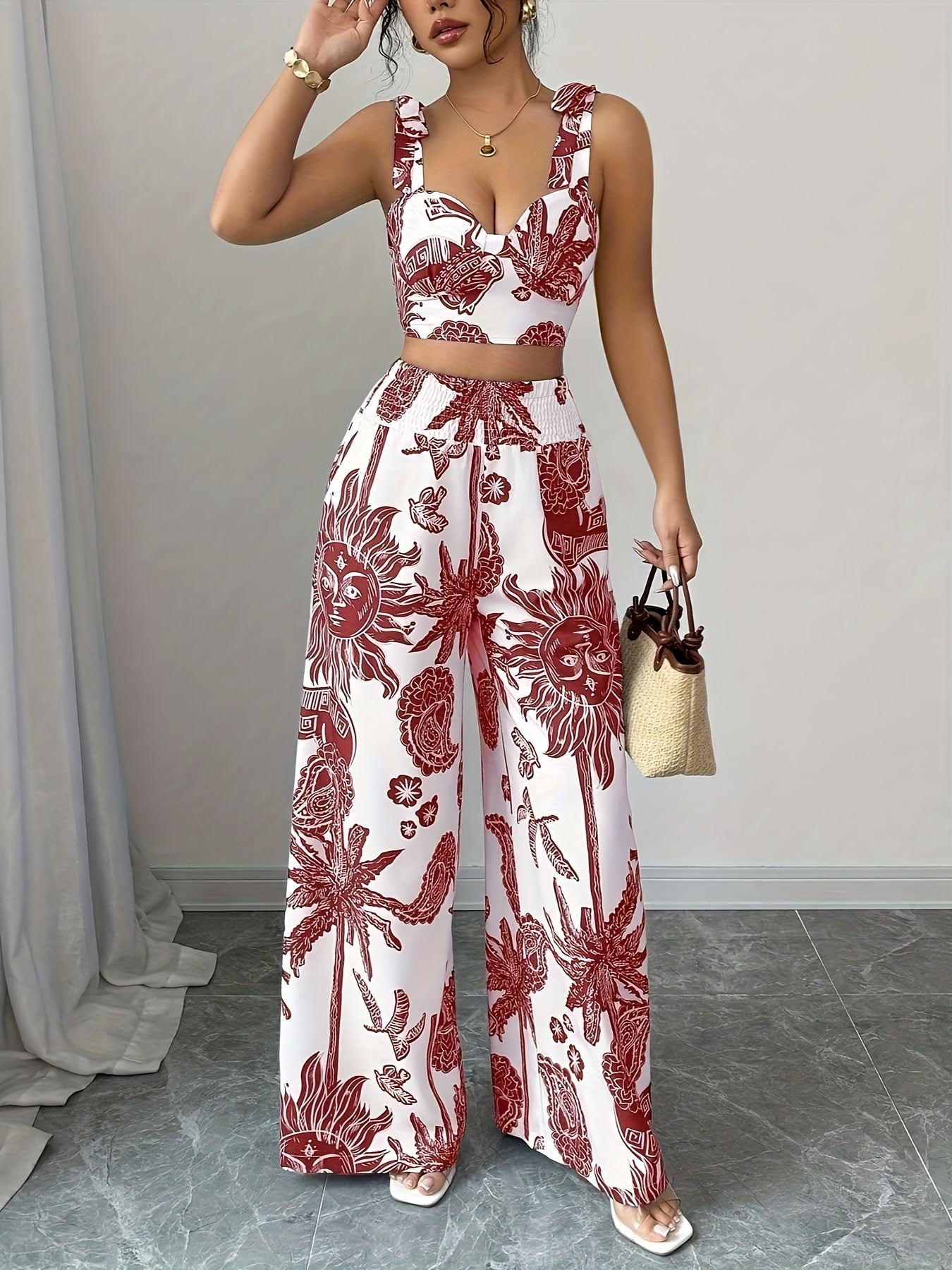 2pcs Bohemian Style Blue and White Floral Print Crop Top with Strapless Detail and Wide-Leg Pants, Perfect for Vacation or Casual Attire, Polyester, Spring/Summer Collection