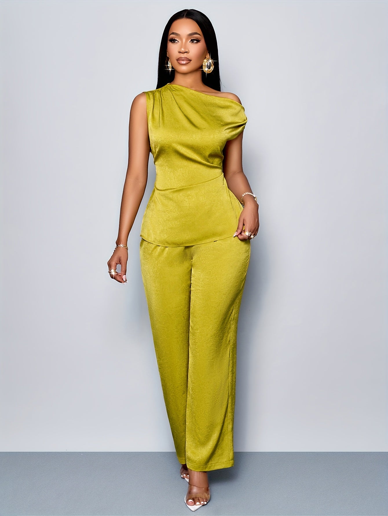 Women'S Casual Solid Color Asymmetrical Neck Top and Pants Set, Sexy Fashionable Business Commute Two-Piece Outfit for Office Work, Polyester Elastane, Spring/Summer Collectio