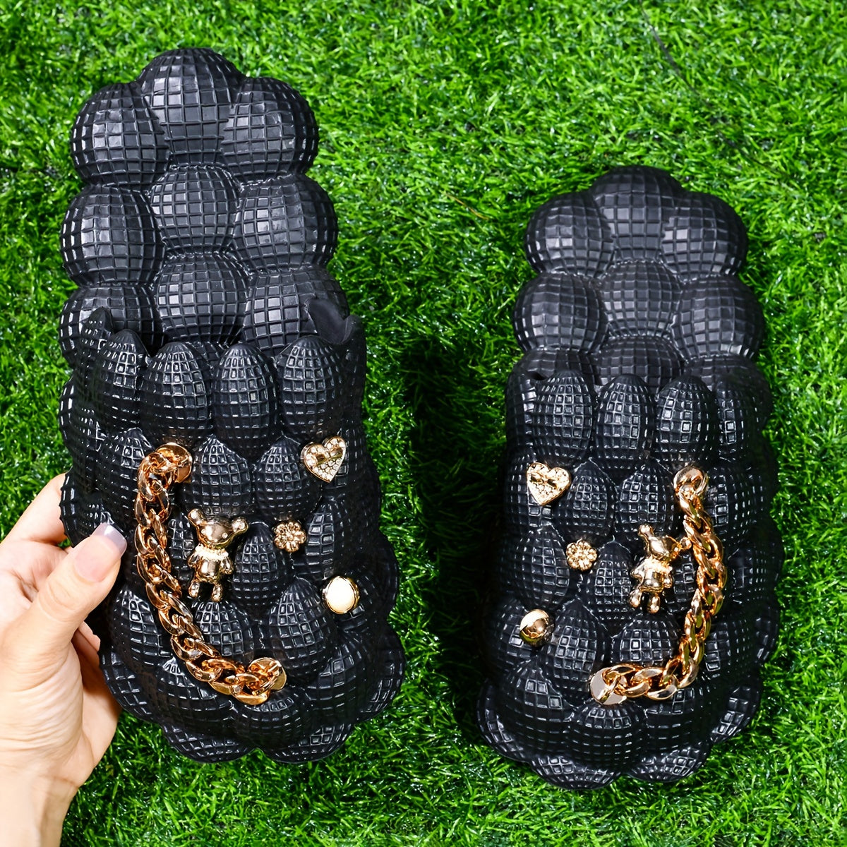 Women's Fashion Trendy Bubble Slippers With Golden Chain, Soft Comfortable Bottom Outdoor Slippers