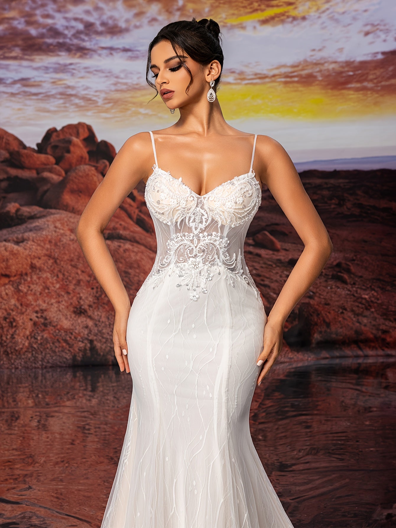 Slip Dress Fishtail Sexy Lace Fabric Soft Comfortable Sequins Wedding Dress
