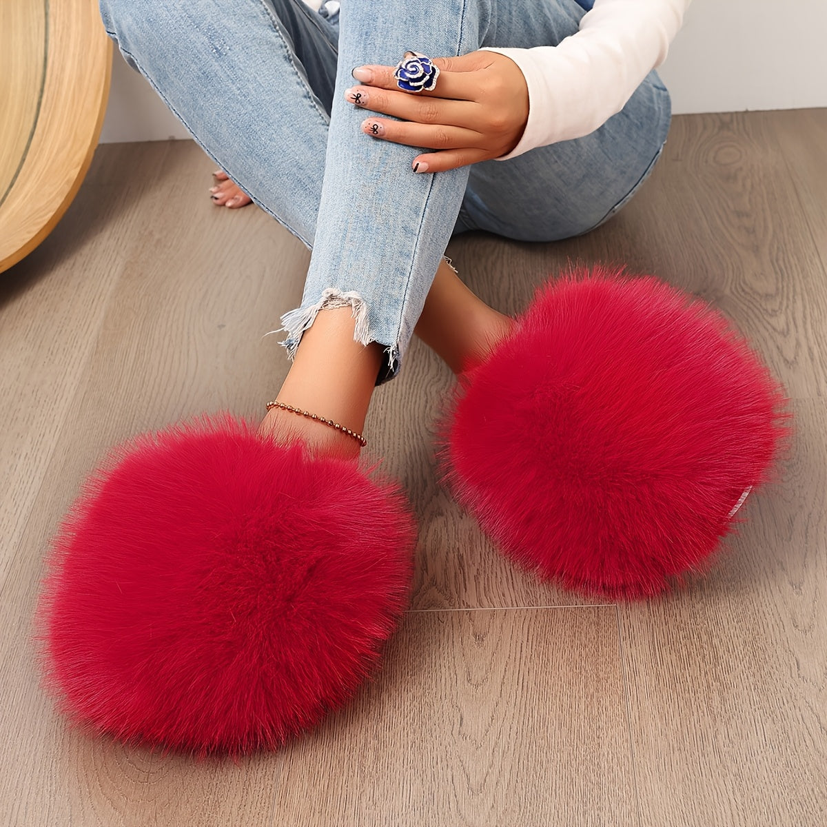 Women's Faux Fur Elegant Slippers – Korean Style, Warm All-Season House Shoes with Non-Slip Rubber Sole