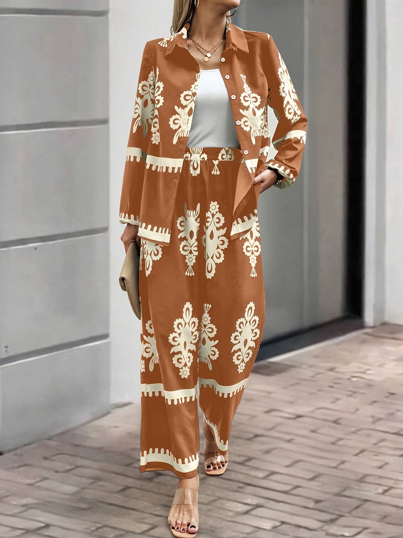 2pcs Elegant Special Set for Women with Random Print Front Button Long Sleeve Top and Pants Casual Suit