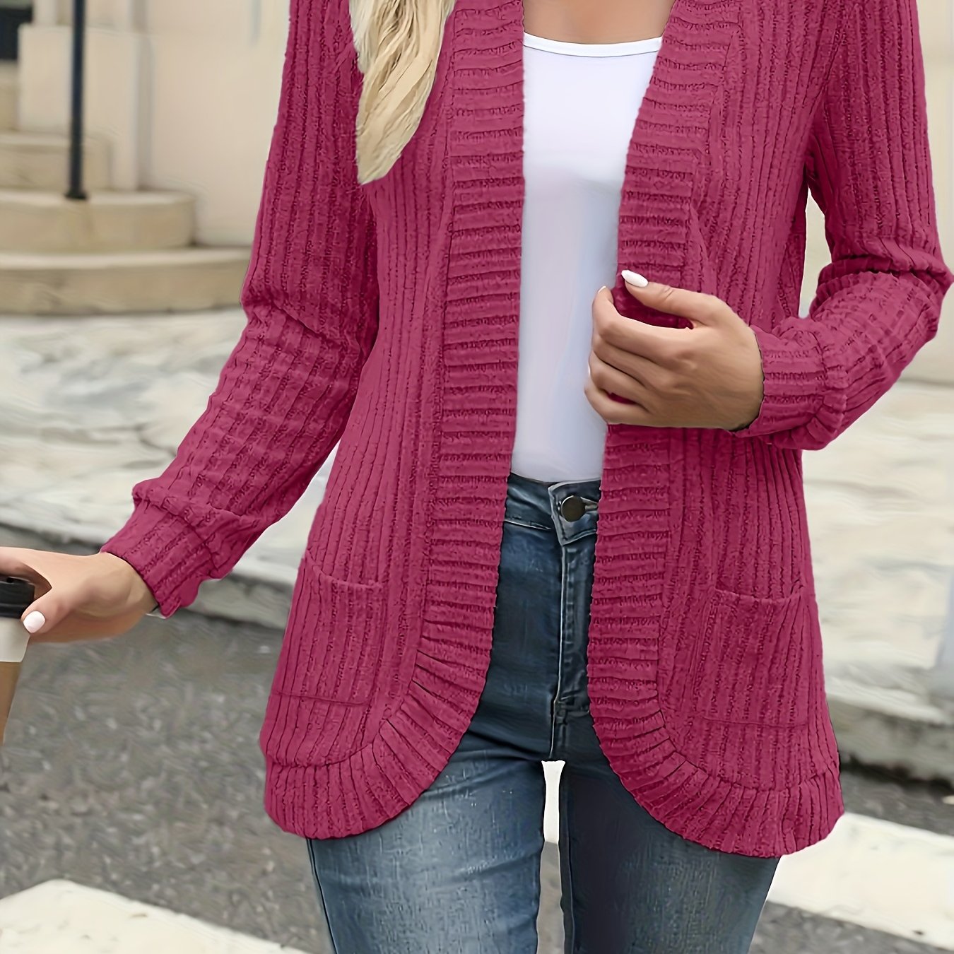 Elegant Women's Front-Button Cardigan - Medium Stretch Long Sleeve with Pleated Detail, Solid Green Machine-Washable Fall Winter Jacket, Regular Fit for Casual & Formal Outfits, Lightweight Cardigan, Winter Apparel, Open Fron