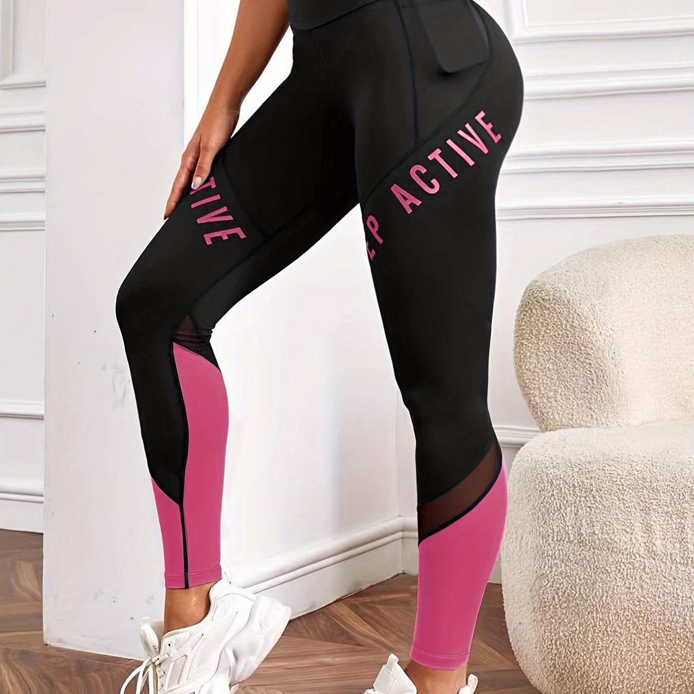 Casual Women'S Color-Blocked Mesh Patchwork Letter Print Pocket Comfortable Elastic Waist Versatile Tight Yoga Leggings.