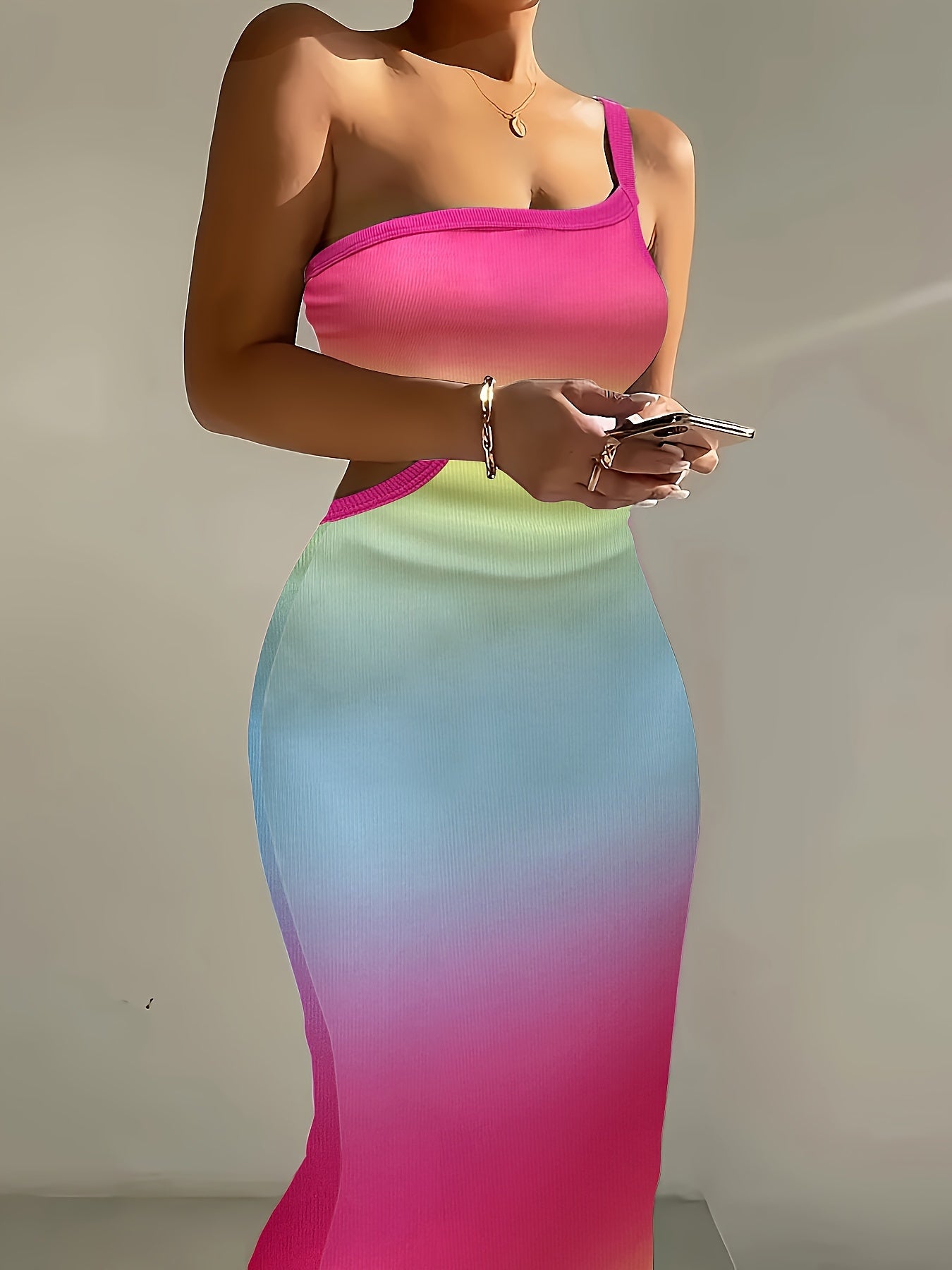 Ombre One Shoulder Ribbed Knit Dress, Sexy Hollow Bodycon Dress For Spring & Summer, Women's Clothing