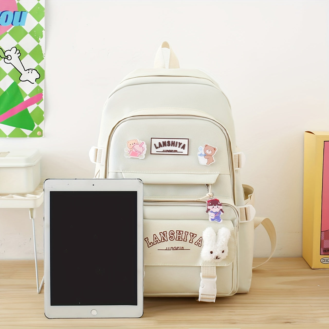 5 - Piece Set of Solid - Color Student Backpack Sets, Large - Capacity And Multifunctional, with Adorable Charms And Badges