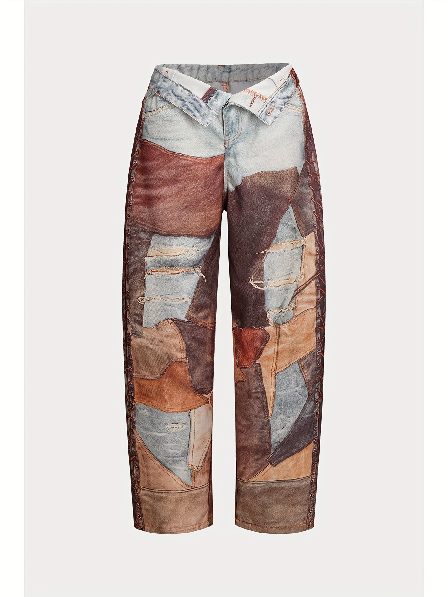 Women'S Patchwork Button - Zipper Pocket Wide - Leg Long Pants. Made Of Denim - Like Fabric, With Printing Techniques, These Pants Exude A Strong Street - Style Trend.