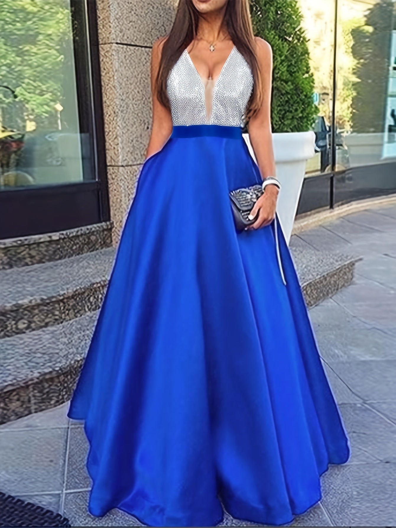 Women's Elegant Sleeveless Deep V-Neck Sequin & Satin Evening Gown - A-Line Mermaid Formal Dress with Super Long Train for Weddings, Galas & Special Occasions, Wedding Guest Attire | Sequined Bodice
