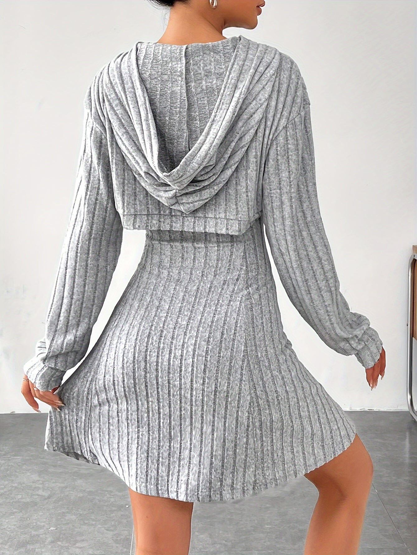 Long Sleeve Solid Color Ribbed Hoodie Shrug Top & Sleeveless Square Neck A-line Tank Dress Set, Women's Clothing Outfits