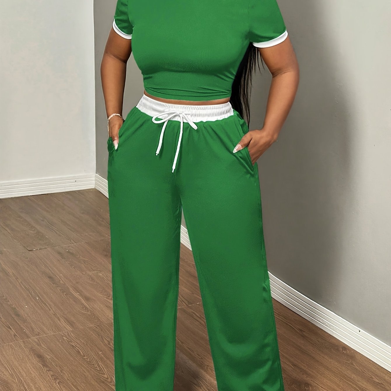 Round Neck Contrast Color Fashion Commuting Wearable Short Sleeve Wide Leg Pants 2pcs Women's Pajama Set