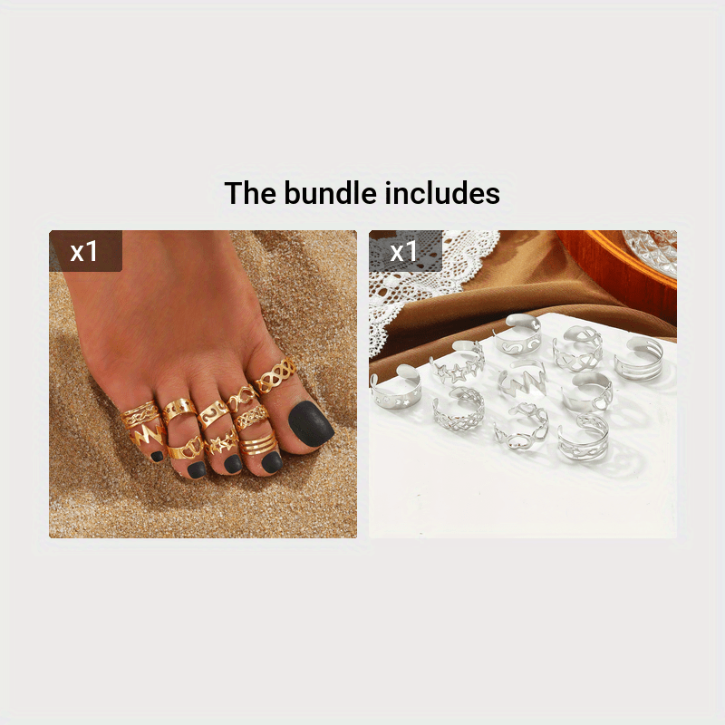 10pcs Set Unique Hollow Star Moon Heart Design Toe Ring Alloy Jewelry Bohemian Elegant Style Adjustable Ankle Ring Suit