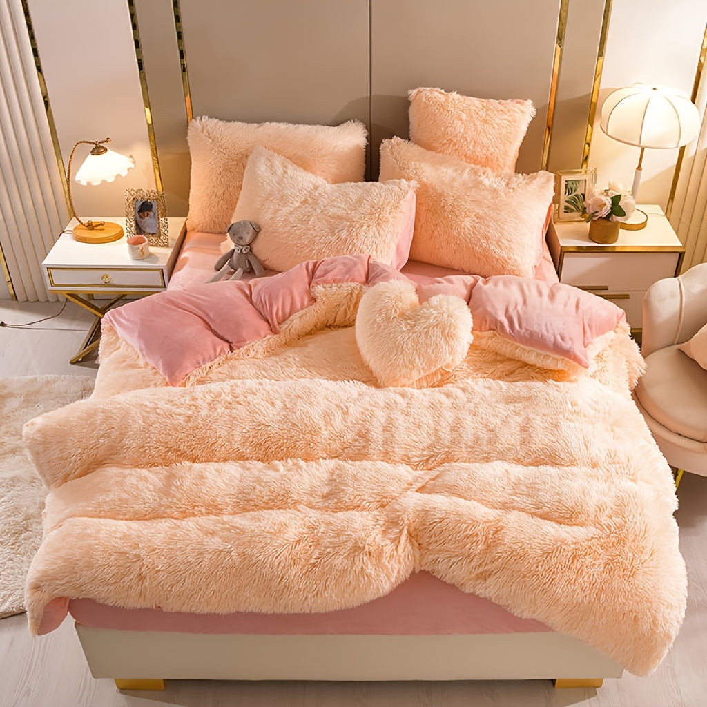 4pcs Queen/King Size Comforter Set | Fluffy Plush Velvet Bed Comforter Sets (1 Duvet+2 Pillowcases+Sheet) | Ultra Soft Thermal All-Season Luxury Bedding for Bedroom, Dorm & Guest Rooms | Queen Size Comforter Set & King Size B