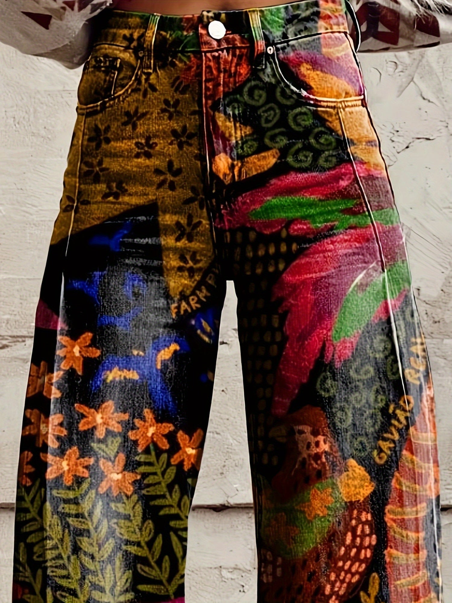 Women'S Rainforest Plants and Flowers Nature Print Thin Casual Denim Wide Legs 3D Fashion Flared Pants, Women'S Autumn Winter Pants