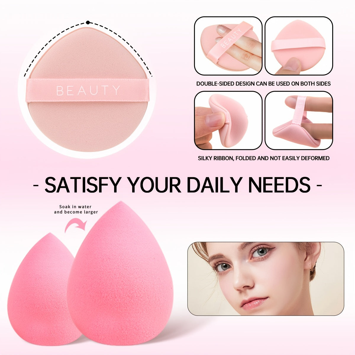 10pcs Facial Massage Set, Including 1 Double-Head Roller Massager, 1 Heart-Shaped Massage Board, 1 Pink Hair Band, 1 Long-Handled Hair Comb, 2 Air Cushion Powder Puffs, 2 Water Drop Beauty Eggs, 1 Metal Beauty Egg Stand, for