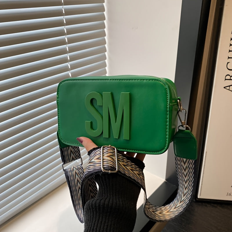 Stylish Crossbody Bag with Wide Strap – Trendy Solid Color Shoulder Bag Featuring Bold "SM" Letter Design, Zip Closure, and Polyester Lining – Available in Coffee Brown, Light Brown, Magenta, White, Red, Green, Black, Sma