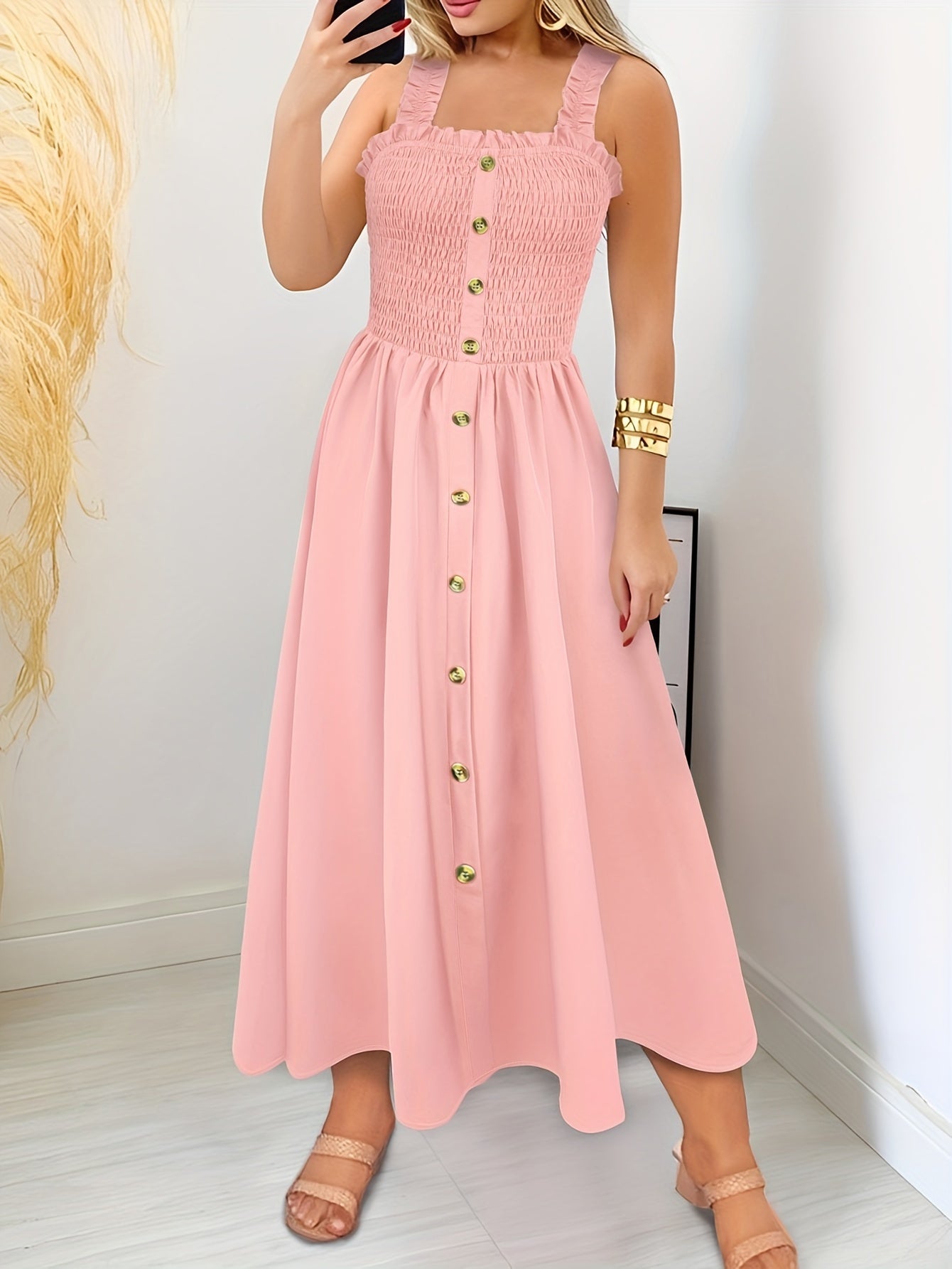 Solid Color Shirred Bust Dress, Vacation Style Button Decor A-line Dress For Spring & Summer, Women's Clothing