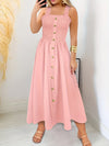 Solid Color Shirred Bust Dress, Vacation Style Button Decor A-line Dress For Spring & Summer, Women's Clothing