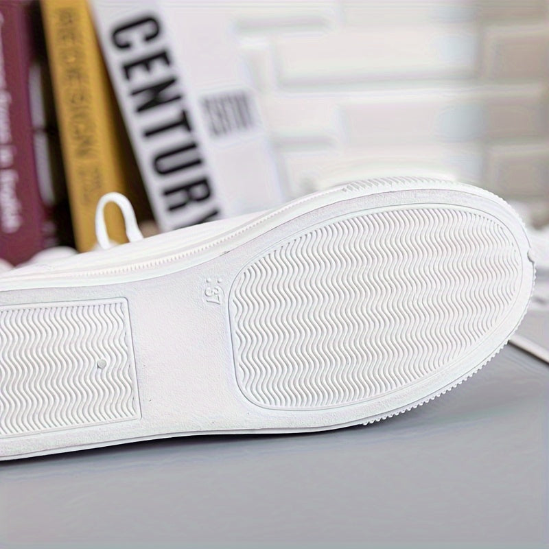 Women's Lightweight Breathable Flat Sole Sneakers - White Distressed Casual Running Walking Shoes with Fabric Upper, EVA Cushioned Sole & All-Season Comfort