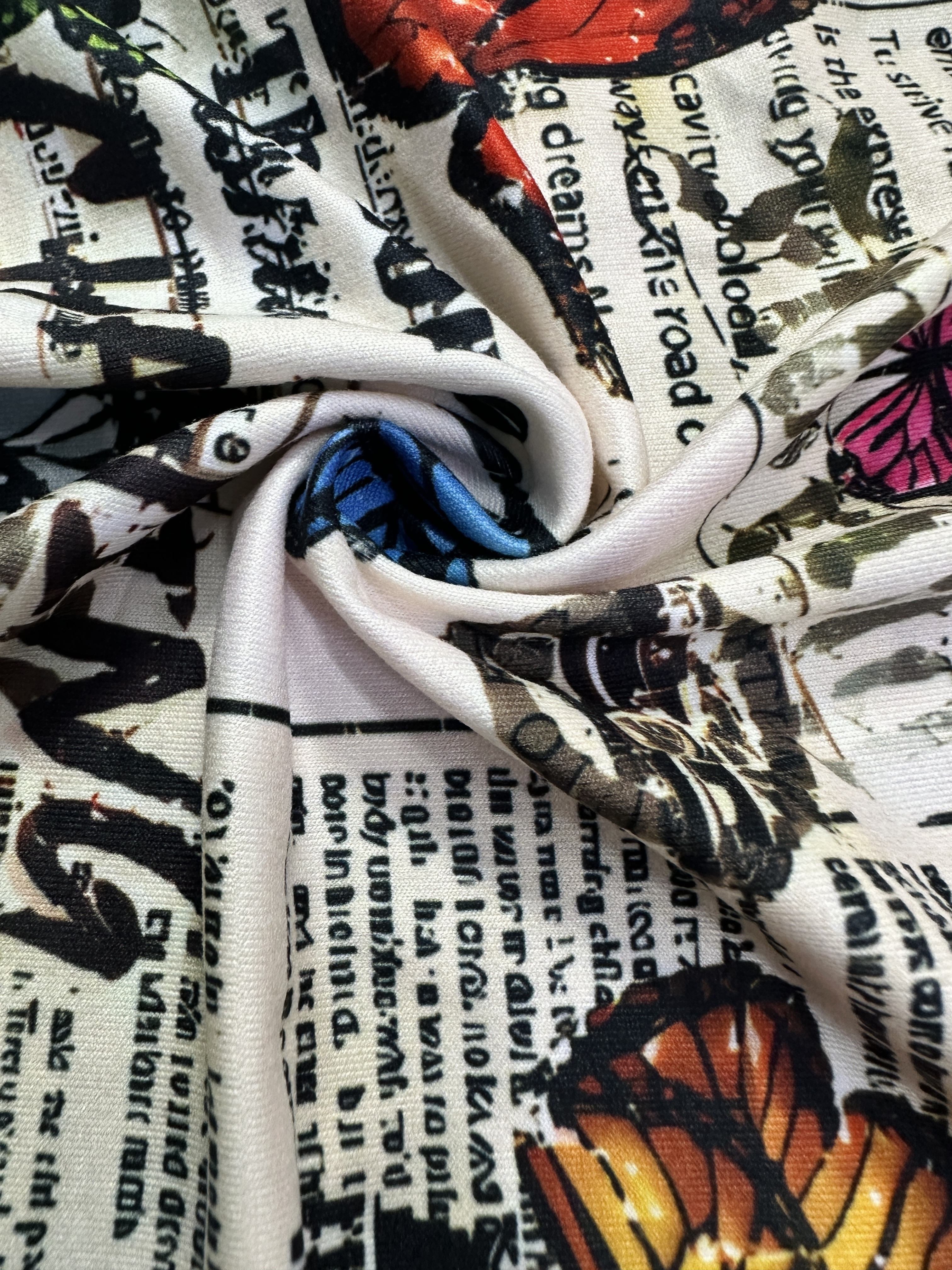 Young Crew Neck Butterfly Print Knit Fabric Polyester Top, 200g/m², for Spring/Summer