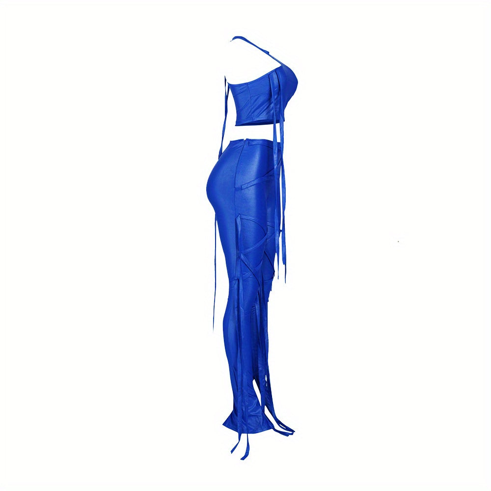 Chic Solid Two-piece Outfit Set - Trendy Asymmetrical Sleeveless Top & Slim-Fit Pants - Flattering Womens Wardrobe Essential