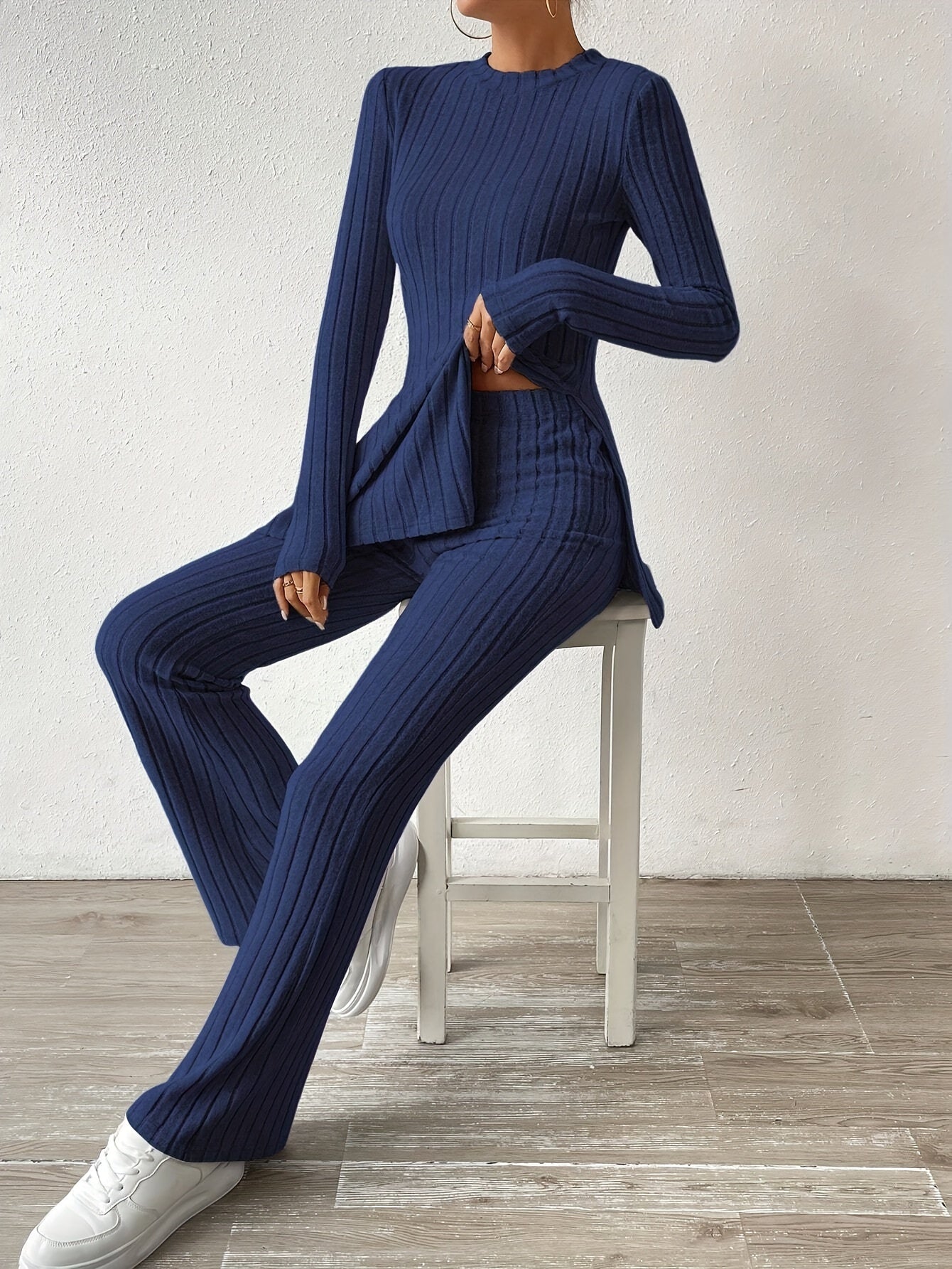 Ribbed Knit Tee with Split Hem & Pants