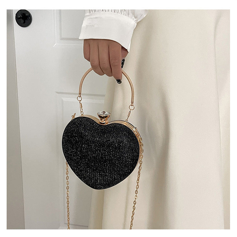 Ladies Fashion Shining Chain Crossbody Bag, Elegant Shoulder Heart Shaped, Metal Embellished, Black, with Buckle Closure, for Party, Wedding, Date