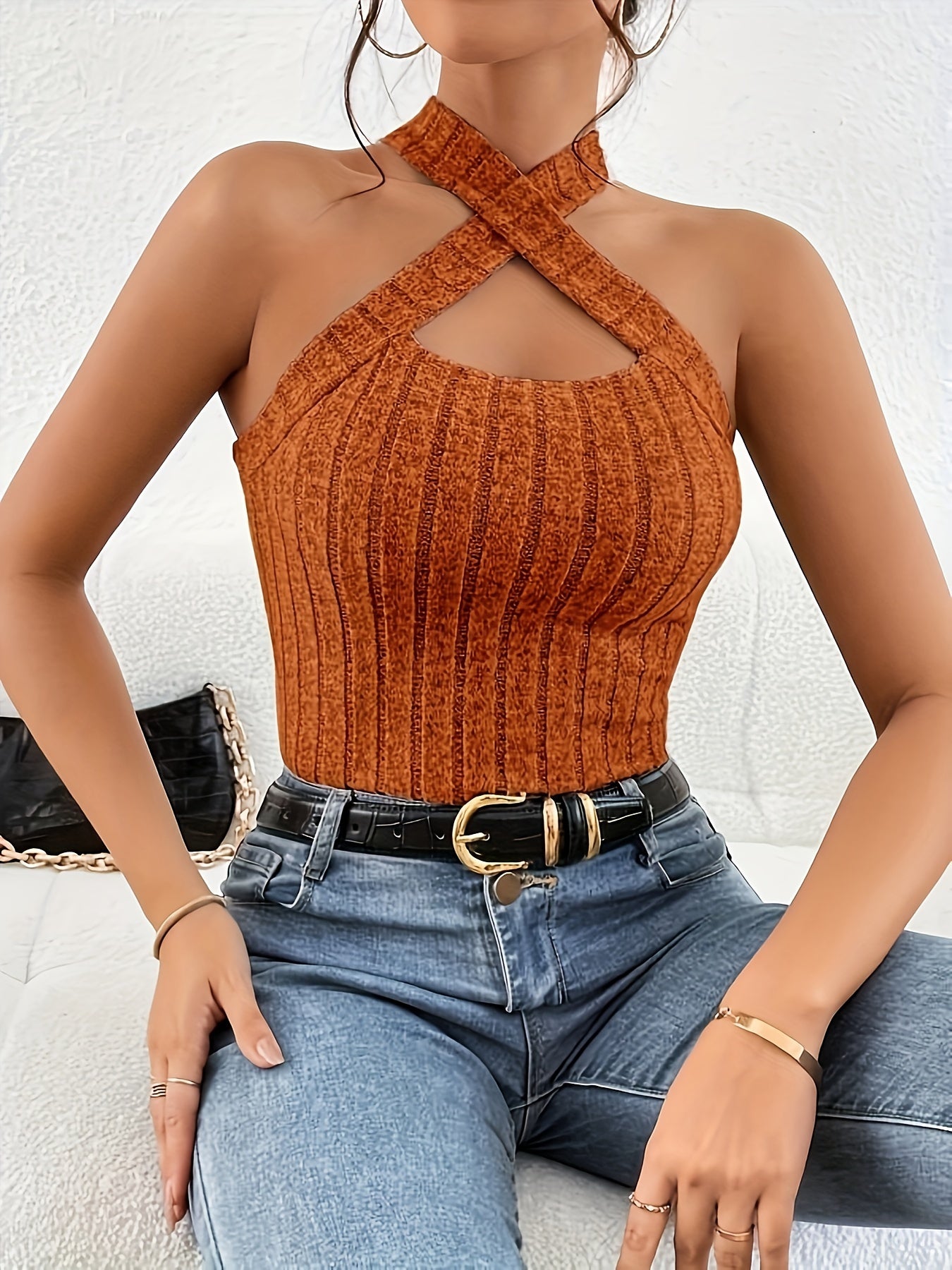 Set of 3 Women'S Fashion Halter Top Camisoles, Polyester Knit Fabric, Casual Solid Color Sleeveless Tanks, Stylish Ribbed V-Neck Crop Tops for Spring/Summer/Fall