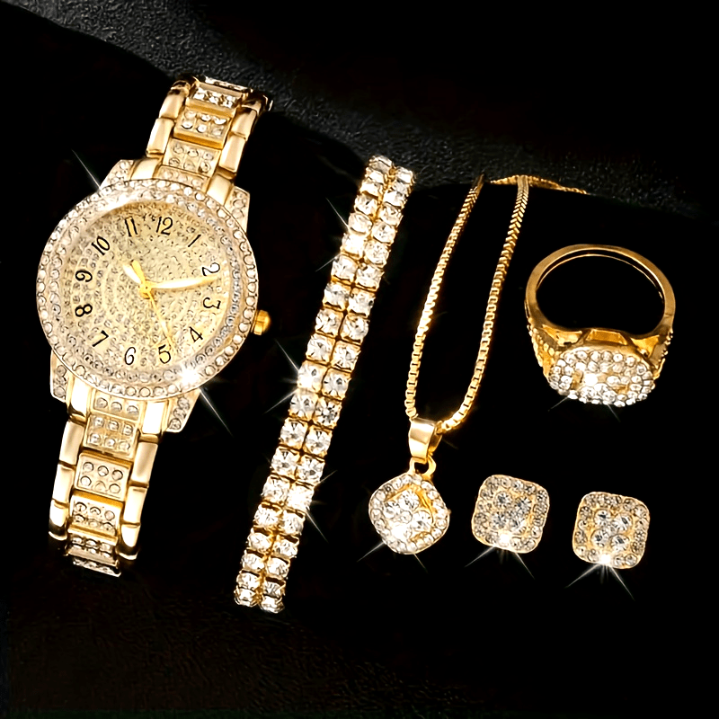 6pcs Elegant Women's Quartz Watch and Golden Jewelry Set - Sparkling Crystal Embellished Timepiece with Stainless Steel Band & Rings, Necklace, Earrings - Ideal for Valentine's Day, Easter, Ramadan, Birthdays,  Hallo