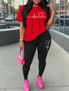 Women'S Love Heart Print Two-Piece Set, Casual Crew Neck Short Sleeve T-Shirt and Knit Polyester Leggings, All-Season Comfort, 96% Polyester 4% Spandex, 180gsm - Red