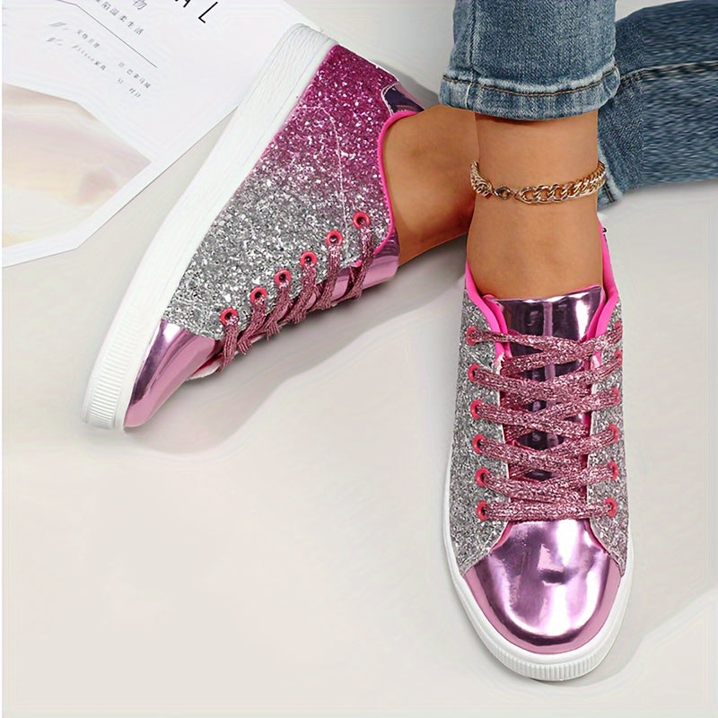 Women's Glitter Sneakers - Casual Athletic Flat Shoes, Fashionable Low Top Lace-up Fashion Skate Shoes - Plus Size - For Women - Suitable for Casual Wear, Sports & Parties - Perfect Gift for Fashionable Women