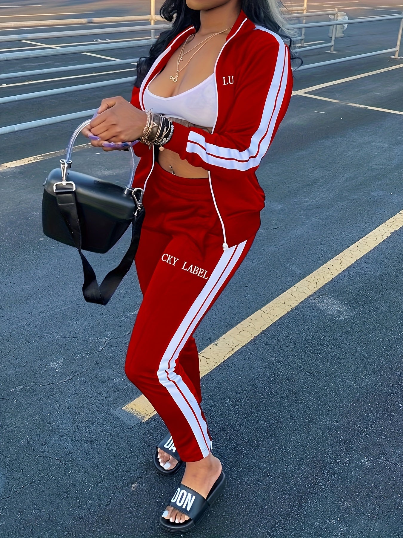 Women's Letter Pattern Striped Two-piece Set, Zip Up Long Sleeve Tops & Elastic Waist Pants Outfits - Casual Style - For Women - Perfect for Daily Wear, Parties & Going Out