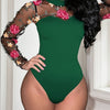 Women'S Green Floral Mesh Sheer Bodysuit, Long Sleeve Embroidered See-Through One-Piece, Elegant Sexy Outfit For Date Night Or Photoshoot