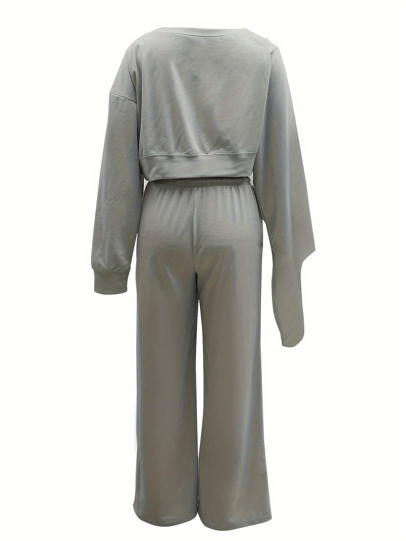1set Women'S Solid Color Asymmetrical Sleeve Sweatshirt and Pants Set, Casual Crew Neck Polyester Knit Fabric, All-Season Lounge Wear