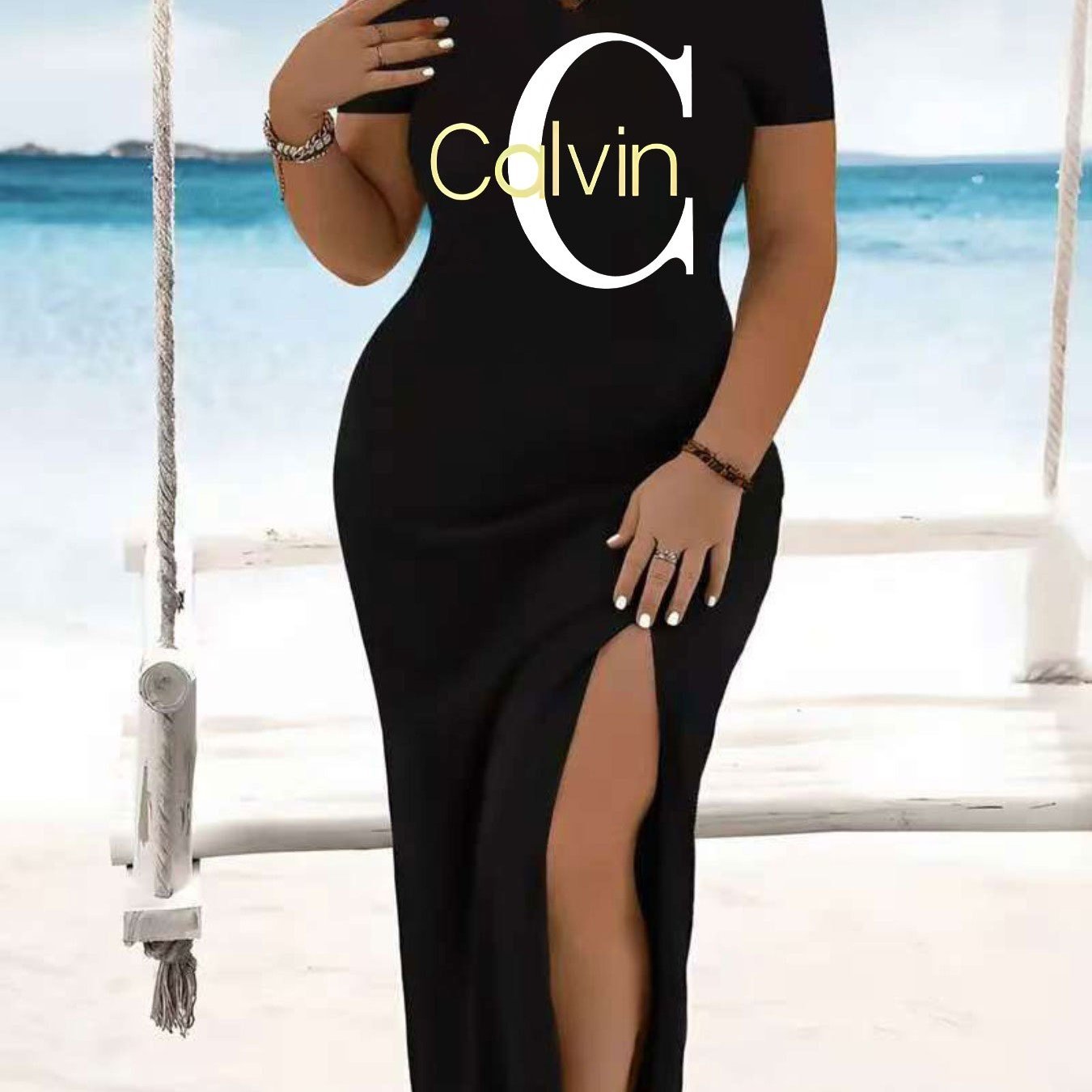 Plus Size Women's Elegant Bodycon Midi Dress with Side Slit & Letter Print - Stretchy Machine-Washable Black Dress for Spring Summer Fall, Casual & Formal Occasions, Seasonal Fashion Dress | Stylish Summer Dress | Machine Was