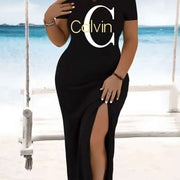 Plus Size Women's Elegant Bodycon Midi Dress with Side Slit & Letter Print - Stretchy Machine-Washable Black Dress for Spring Summer Fall, Casual & Formal Occasions, Seasonal Fashion Dress | Stylish Summer Dress | Machine Was