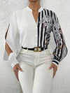Floral Print Button Front Blouse, Elegant V Neck Split Long Sleeve Blouse, Women's Clothing