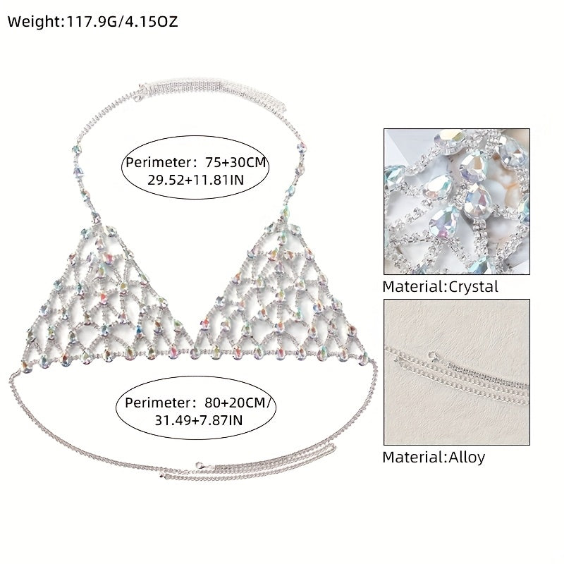 1 Set Sexy Glitter Style Alloy Rhinestone Bra and Panty Body Chain, Colorful Water Sparkle Mesh Design, Ideal for Stage Performances, Fashion Shows, Carnival Parties, Beach Holidays - All Seasons, Party Accessory|Glamorous St