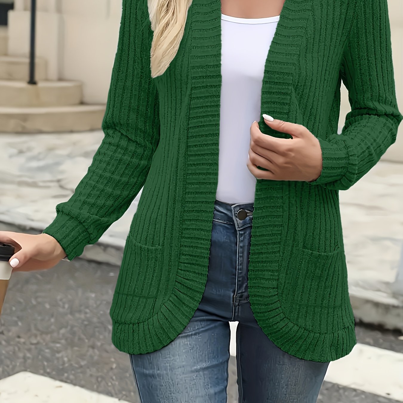 Elegant Women's Front-Button Cardigan - Medium Stretch Long Sleeve with Pleated Detail, Solid Green Machine-Washable Fall Winter Jacket, Regular Fit for Casual & Formal Outfits, Lightweight Cardigan, Winter Apparel, Open Fron