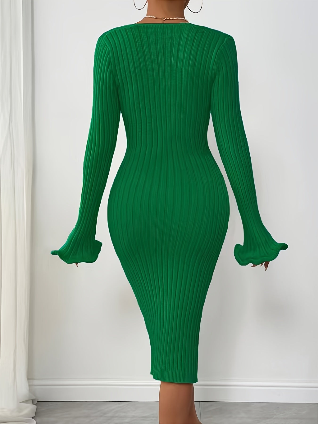 Solid Pattern Bodycon Sweater Dress - Acrylic Blend, Elegant Ribbed Knit, Middle Eastern Style, Lettuce Trim Fluted Sleeves, Square Neckline