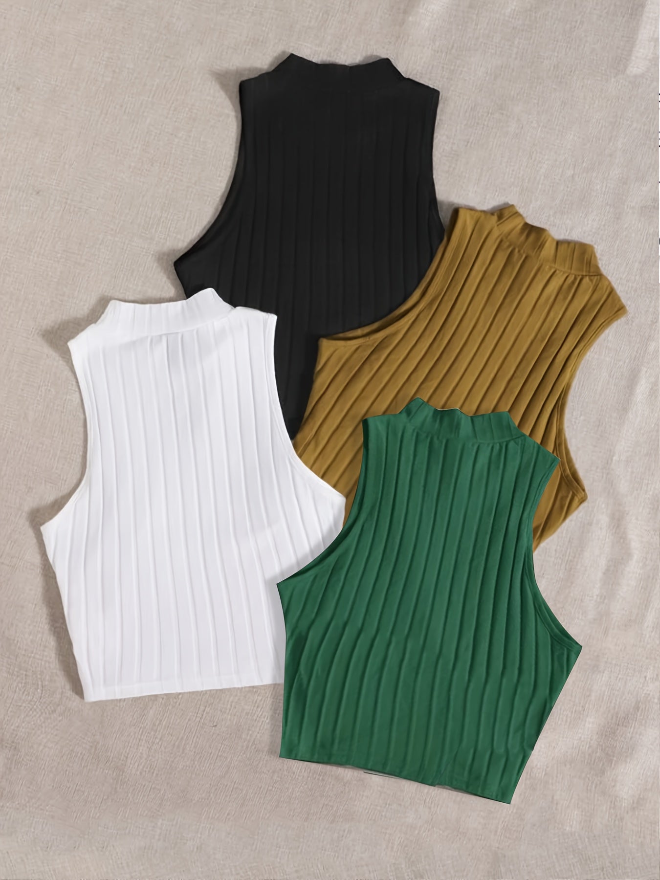 Women's 4-Piece Solid Color Sleeveless Crop Tank Top Set – Crew Neck Knit Tops for Spring & Summer Layering