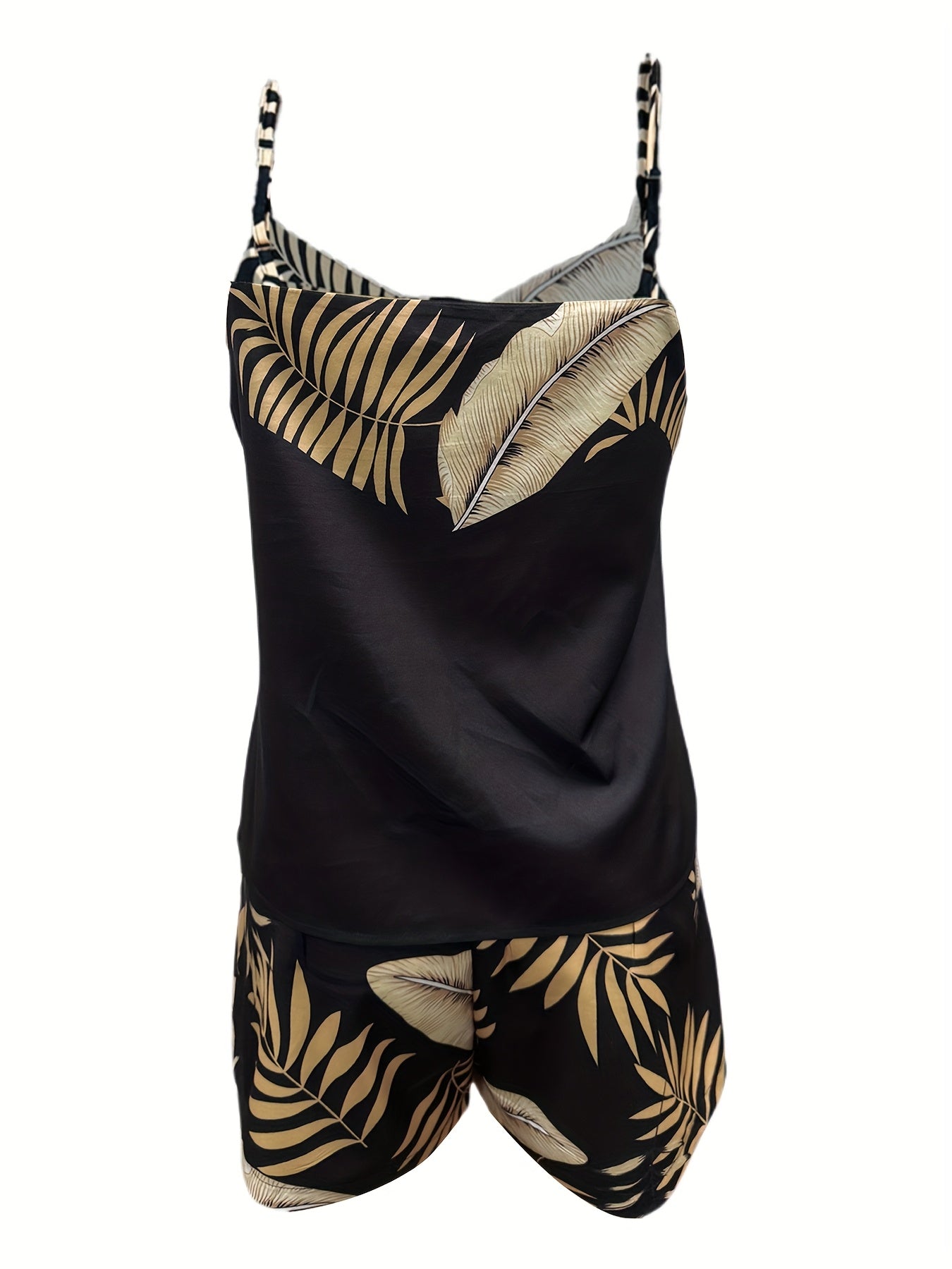Women's Tropical Print Two-Piece Set – Elegant Spaghetti Strap Top & High-Waisted Shorts, Lightweight Polyester, Spring/Summer Fashion