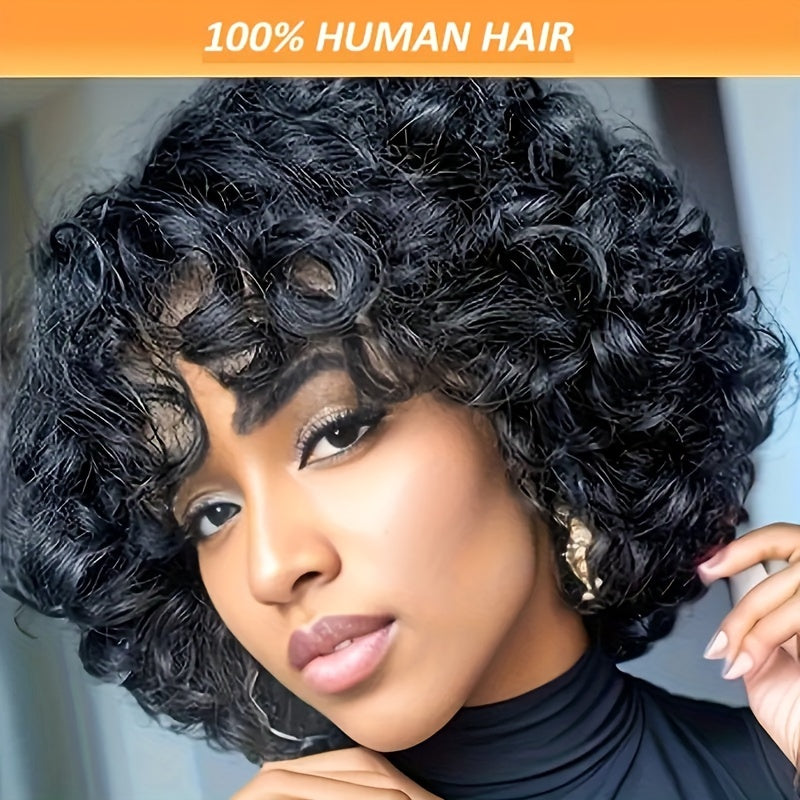 180% Density Bouncy Afro Loose Curls Short Bob Wig - 100% Human Hair, Pixie Cut, Bangs, Rose Cap, Glueless Put-On for All Ethnicities