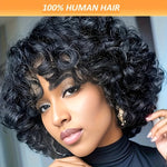 180% Density Bouncy Afro Loose Curls Short Bob Wig - 100% Human Hair, Pixie Cut, Bangs, Rose Cap, Glueless Put-On for All Ethnicities