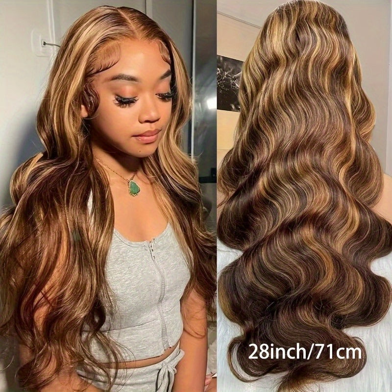 13x4 HD Transparent Lace Front Wig Brazilian Human Hair 4/27 Highlights Body Wave Curls 200% Density Glueless Wig for Women - Suitable for All Ethnicities & Light Beige Tones, Versatile Hairpiece | Elegant Hairpiece | Full Lu