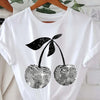 Silver Cherry Graphic Print T-Shirt, Short Sleeve Crew Neck Casual Top for Summer& Spring, Women' S Clothing