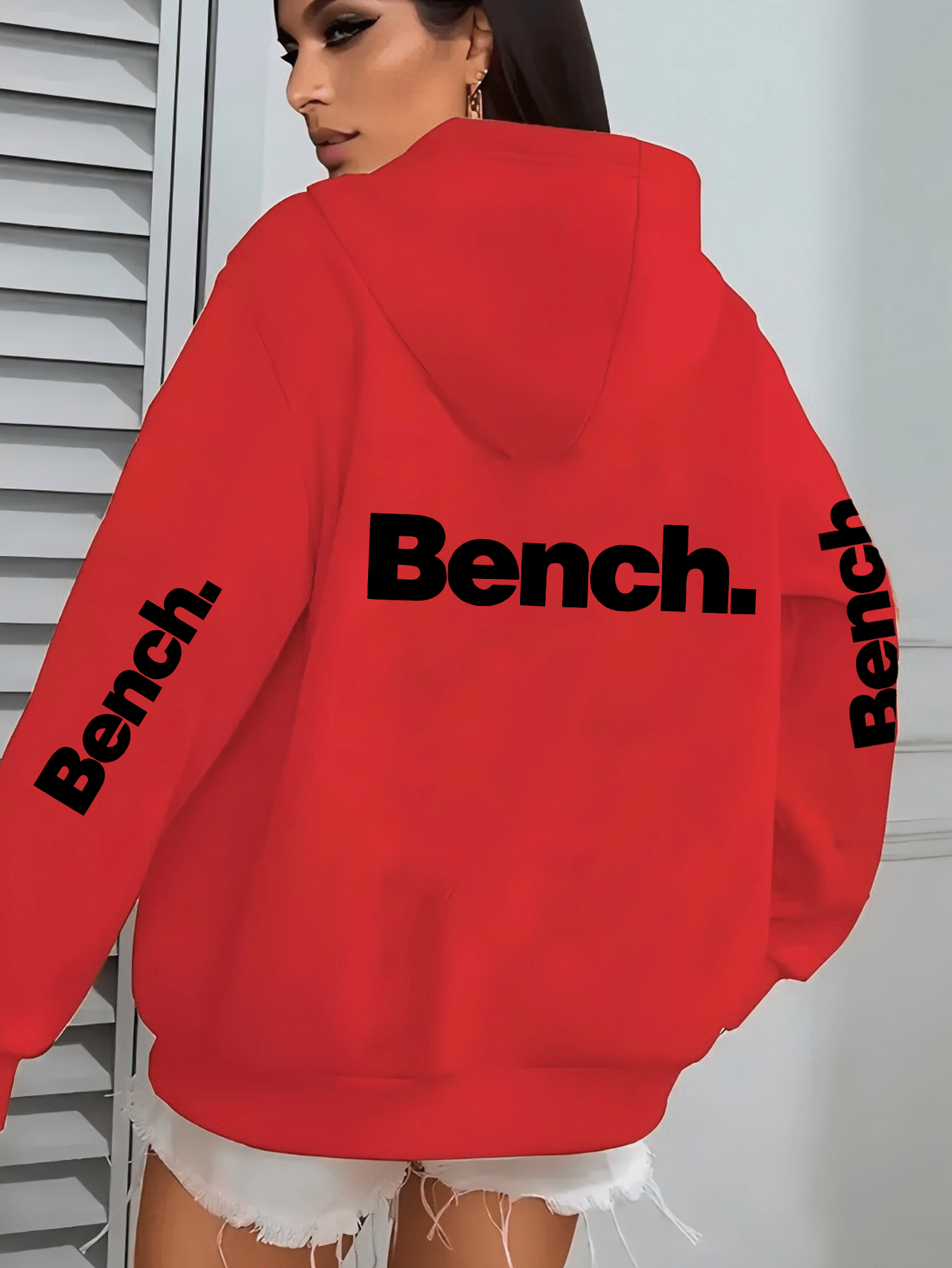 Women's Casual Hooded Jacket with Bold "Bench" Letter Print, Kangaroo Pocket & Zipper Collar - Machine-Washable Polyester, All-Season Versatile Outerwear, Perfect Gift for Her, Lightweight Layering, Urban Fashion, Quality Sti